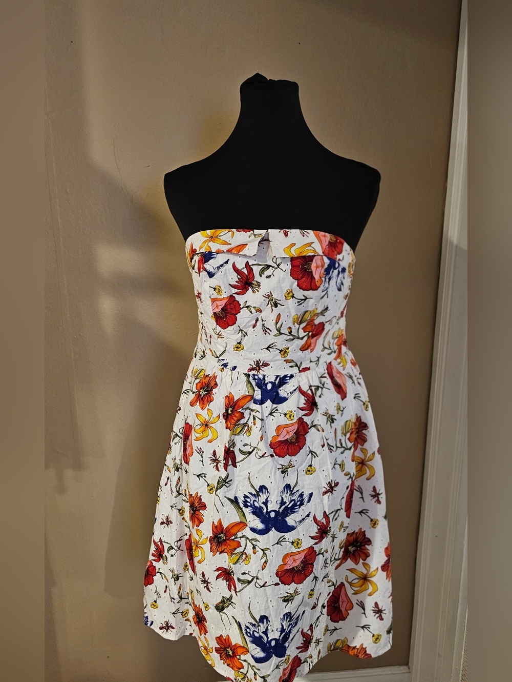 Romy Strapless White Dress with Red, Blue & Yellow Floral Print